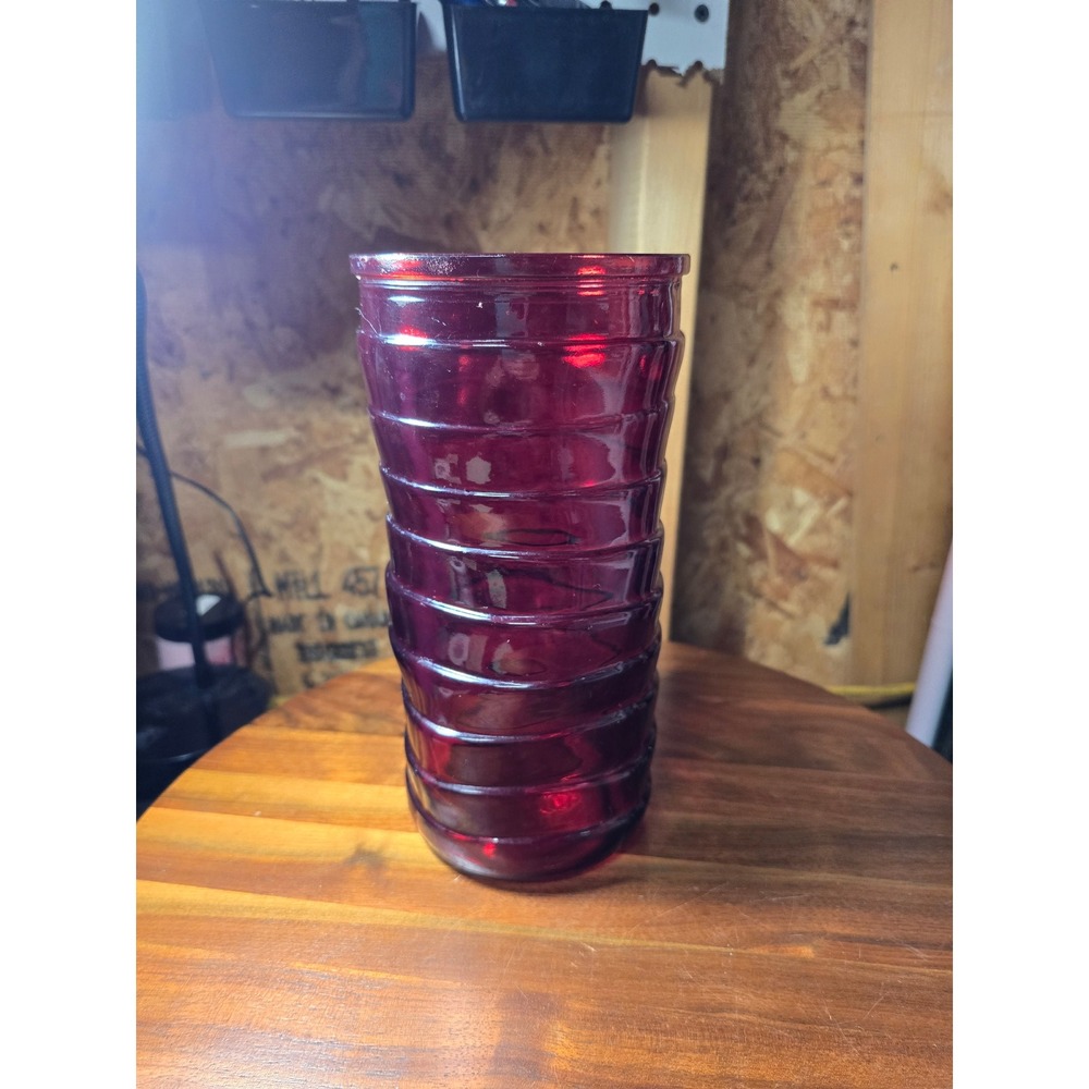 Vintage Hoosier Glass Ruby Red Ribbed Swirl Vase 8.5" USA 4063-B